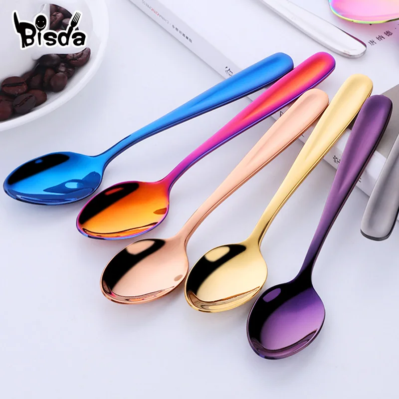 1Pc Tea Spoon Stainless Steel Coffee Spoons Children Mini Spoon Gold Dessert Scoop Rainbow Small Dinnerware Upgarded Party Tool