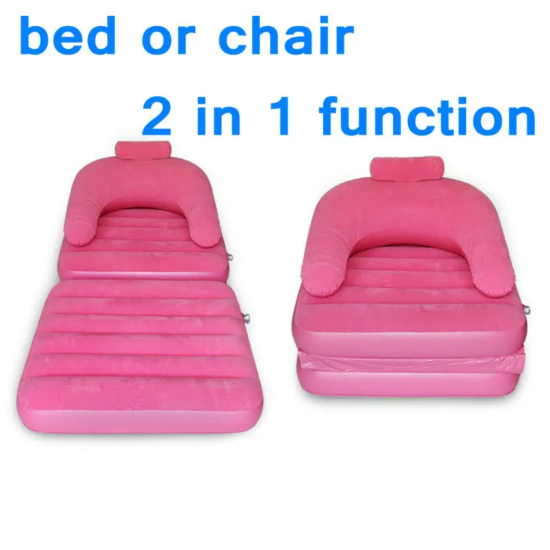 Pink Flocking inflatable sofa bed dual lounger folding pajamas lazy sofa seat,2 in 1 functional foldable beds can be chair too