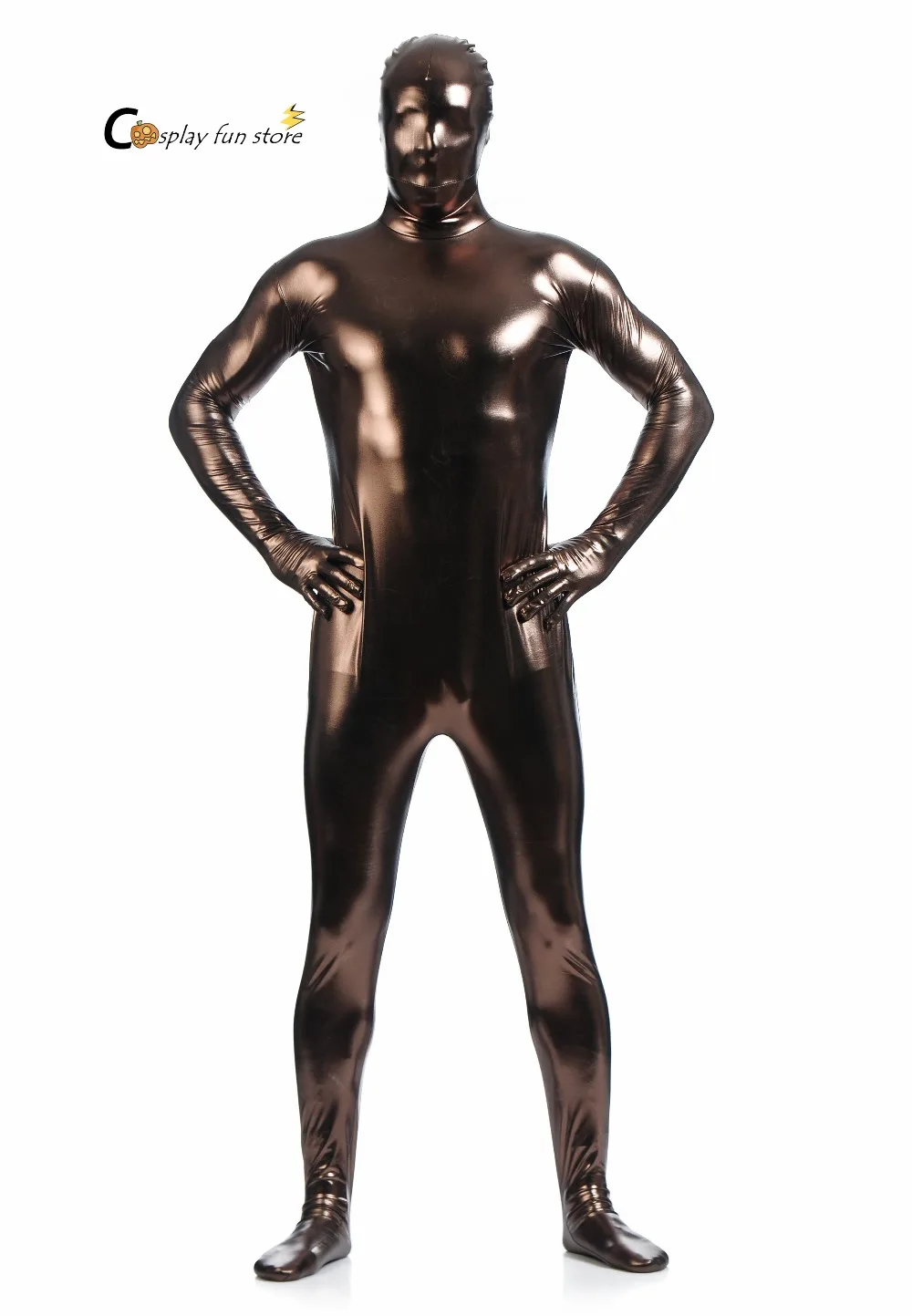 Gratis Verzending Bodysuit Metallic Glanzend Bruin Mens Unitard Catsuits Metallic Voet Rits Zentai Bodysuit Kan Worden Aangepast