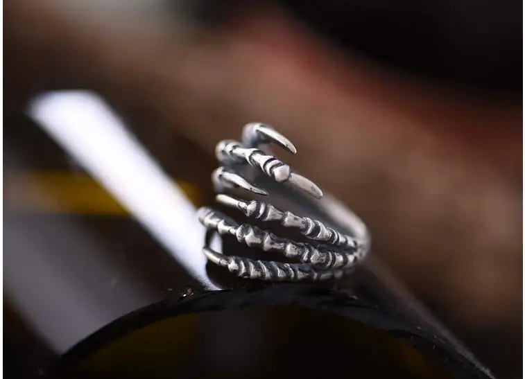 Genuine 925 Sterling Silver Gothic Punk Style Eagle Claw Finger Ring Opening Adjustable Rings For Women Mens Jewelry