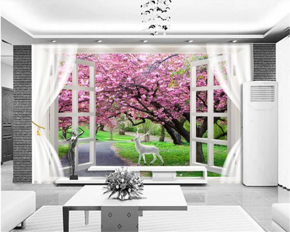 beibehang 2020 new personalized 3D wallpaper 3d window curtains cherry blossom scenery deer TV background wall papers home decor