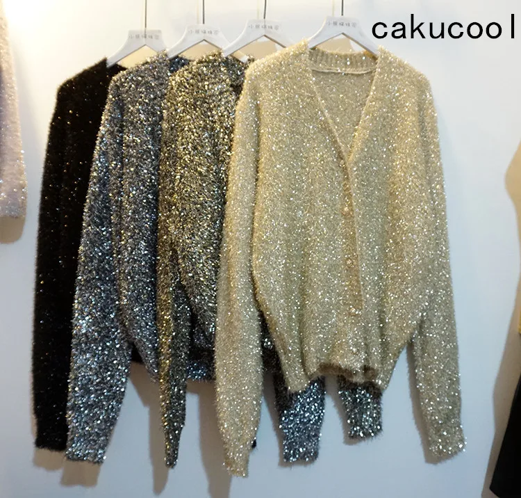 Cakucool Women Spring Gold Lurex Sweater Bling Single Breasted Sequined Open Stitch Slim V-neck Vintage Cardigans Sweaters Lady