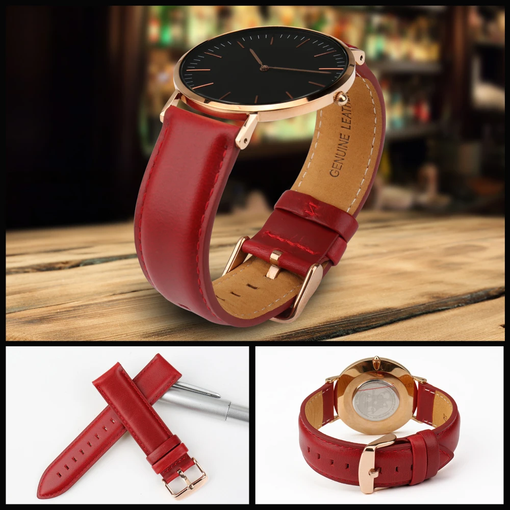 MAIKES Fashion Leather Watch Band Red With Rose Gold Clasp Watchband 16mm 17mm 18mm 20mm For DW Daniel Wellington Watch Strap