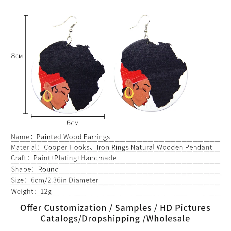 SOMESOOR Vintage Earrings African Wood Jewelry Printed Educated Natural Royal Afro Hair Lady Locs Hoops Pattern For Women 6Pairs