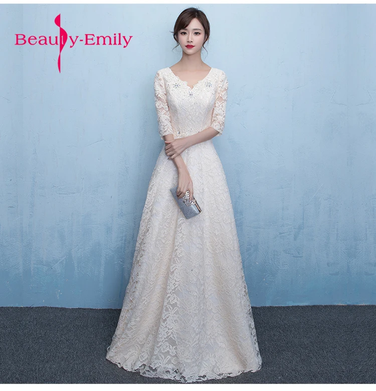 

Beauty Emily A Line Long Evening Dress Party Elegant Vestido De Festa Fast Shipping Ever pretty white Lace flower Prom Gowns