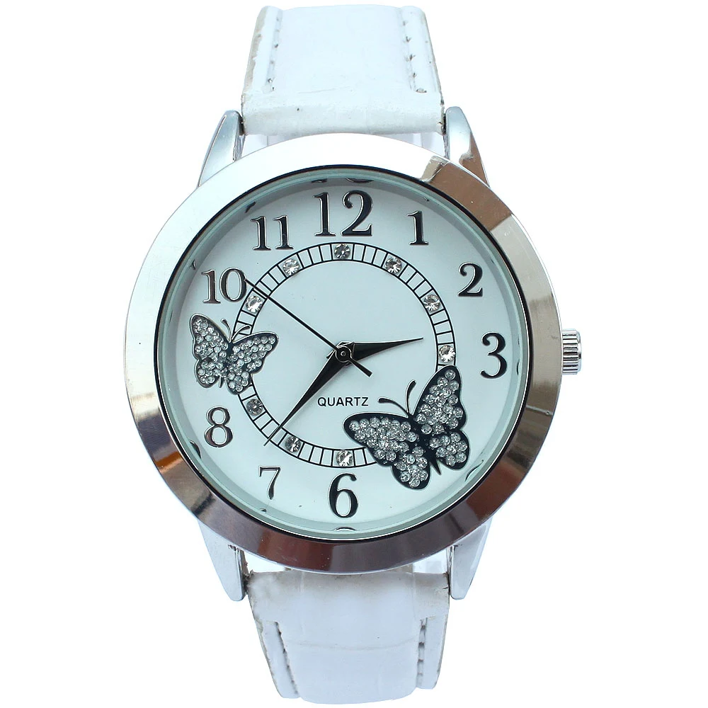 10pcs/Lot, Mixed Colors Fashion White Crystal Diamonds Butterfly Leather Bracelet White Dial Lady Woman Quartz Wrist Watch U16M