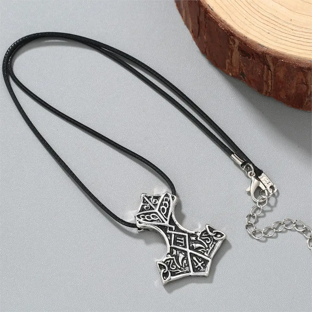 Cxwind Nordic Vikings Amulet Pendant Necklace Legendary Viking Odin\'s Knot Hammer Runes Pendant Necklace Man Talisman Jewelry