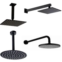 Cabezal de ducha de lluvia redondo y Cuadrado Negro, ultrafino, 2mm, 8, 10, 12, 16 pulgadas, elección para baño, Brazo de ducha montado en la pared y el techo