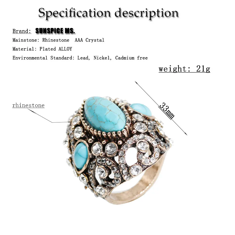 SUNSPICE ms Big Antique Rings For Women Blue Natural Stone Vintage Wedding Engagement Crystal Rings Jewelry Retro Gold Color New