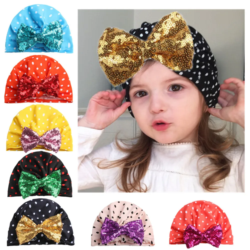 10pcs 2018 Hats For Girls Children Cotton Hospital Cap Shiny Bows Knit Children Dots Hats for Kids beanie Gorro Skullies Hat