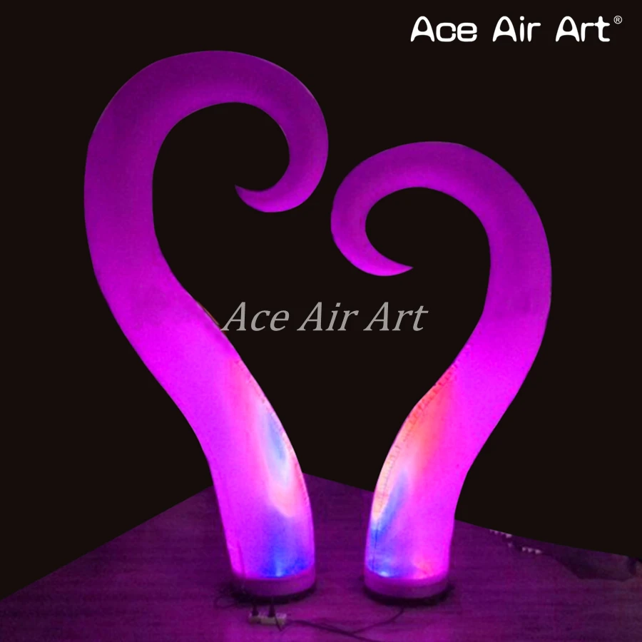 Unique Shape Spiral Cone Inflatable Hook Style Pillars Horns with Base and Blower Spotlights for Stage and Party Decoration