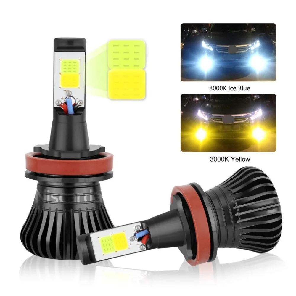 

2 pieces Niscarda COB H1 H3 H4 H7 H8 H11 9005 9006 880 881 Driving 8000K Ice Blue 3000K Amber Yellow Fog Lights Bulbs Dual Color