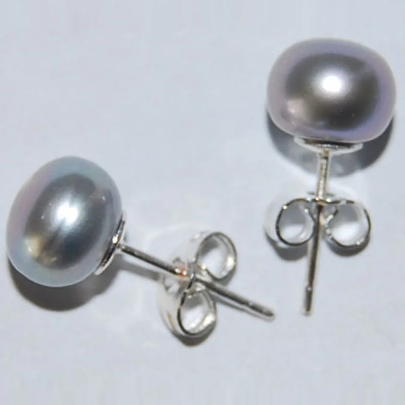 8-9mm Silver Gray Natural Button Pearl 925 Sterling Silver Stud Earring