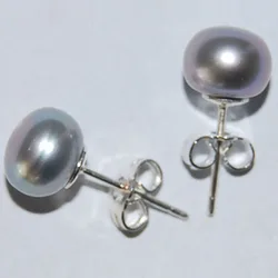 8-9mm Silver Gray Natural Button Pearl 925 Sterling Silver Stud Earring