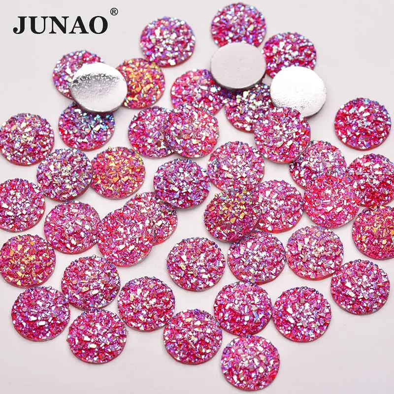 JUNAO 50Pcs 12mm Shiny Purple AB Crystal Rhinestones Round Resin Stones Applique Non Hotfix Diamond Flatback Crystal For Crafts