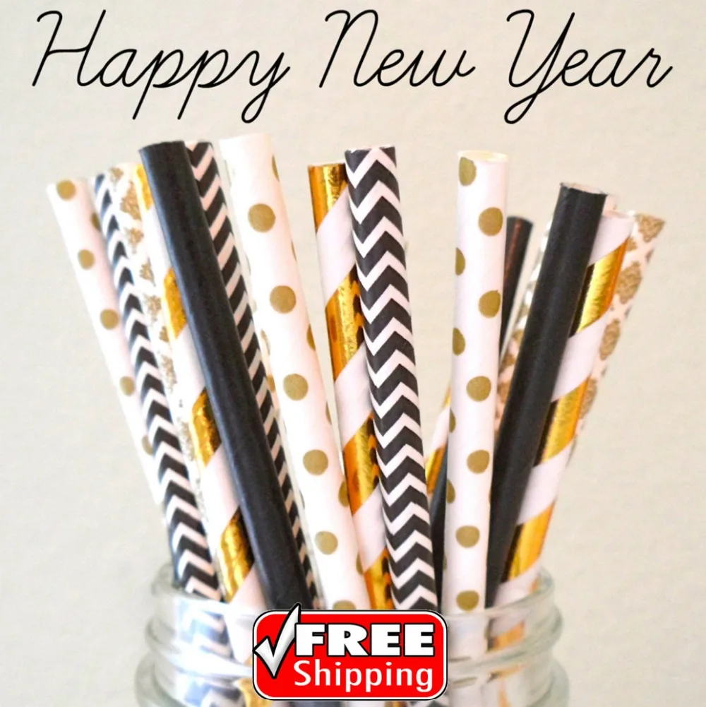 250 Pcs Mixed 5 Designs New Years Themed Paper Straws-Black,Metallic Gold,Striped,Swiss Dot,Damask,Chevron,Plain-Holiday Party