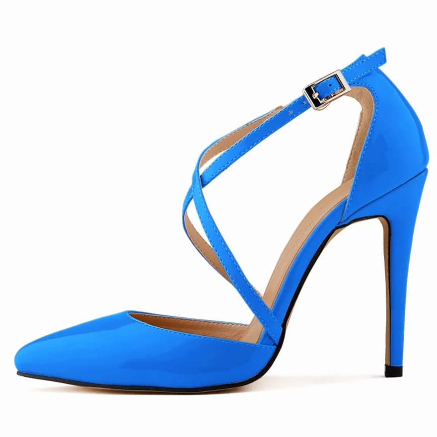 Sexy Cross Cut-Outs Women Sandals Summer Ankle Buckle Thin High Heels Patent Leather Shoes Woman Pointed Toe Dress Wedding Pumps