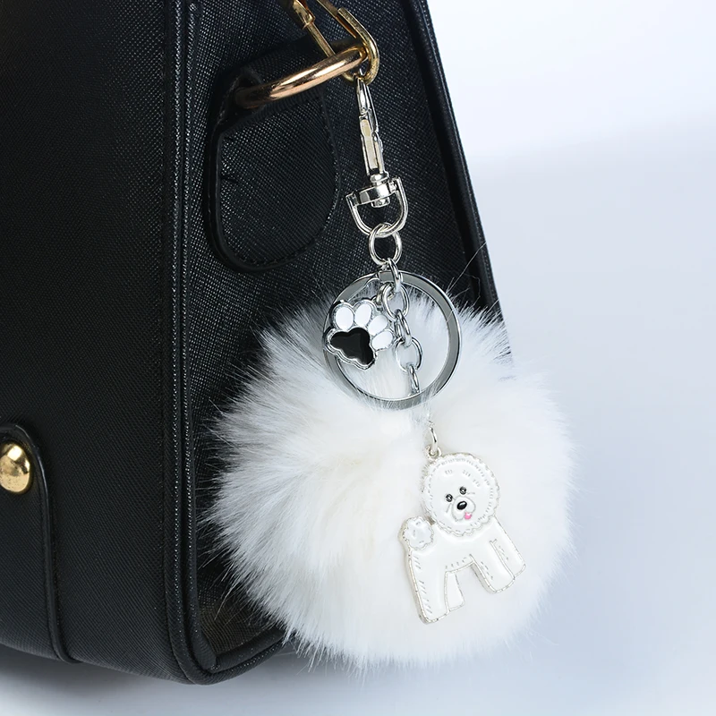 Rabbit Fur Pompom Bichon Frise Key Chains For Women Men Alloy Pom Pom Ball Dog Pendant Bag Charm Keyring Car Keychain Key Ring