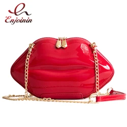 Patent Leather Fashion Sexy Red Lips Design Zipper Chain Pouch Shoulder Bag Ladies Handbag Crossbody Mini Messenger Bag Flap