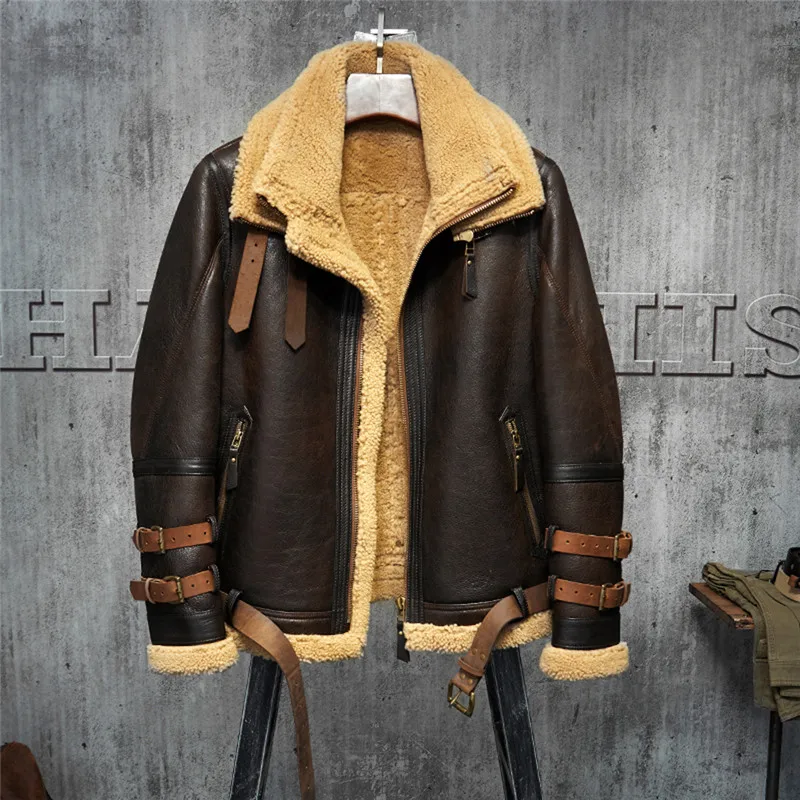 Denny&Dora Mens Shearling Jacket B3 Flight Jacket Imported Wool From Australia Short Leather Jacket Mans Fur Coat