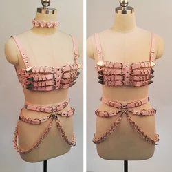 100% Handmade Punk Gothic PU Leather Bra Top Heavy Duty 4 Row Body Waist Belt Waist Cincher Suspender