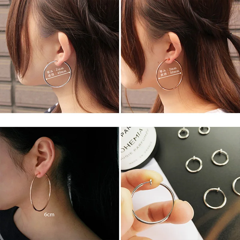 1Pair Punk Women Rounded Big Earrings Fake Spring Clip On Nose Ring Hoop Lip Ring Helix Ring Hoop Fake Ear Ring Accessories