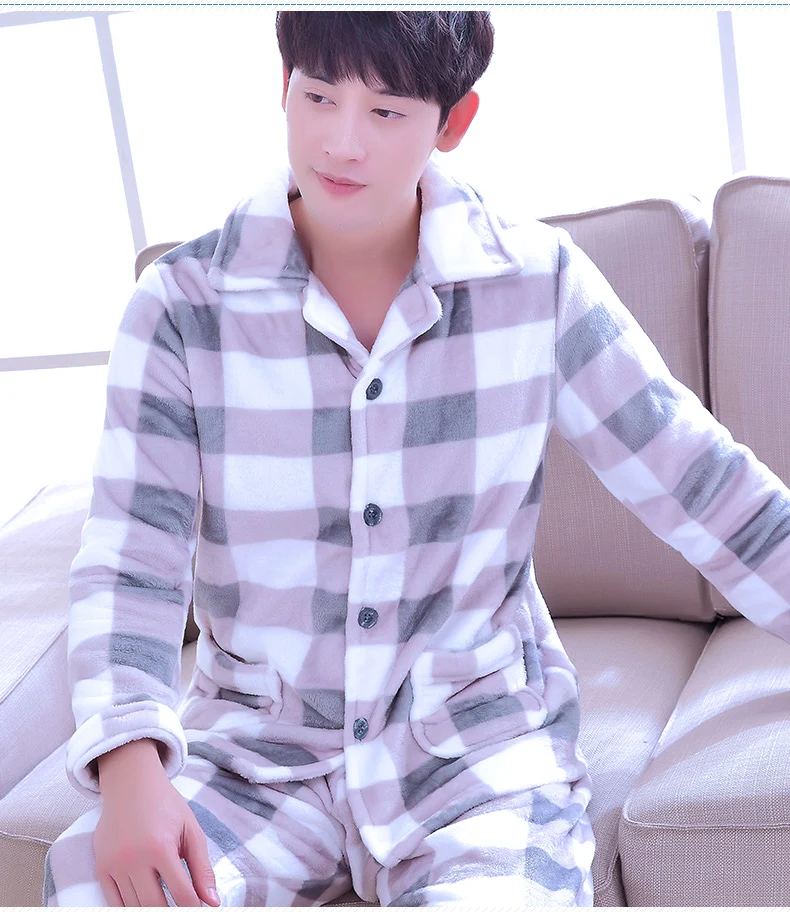 Male Fleece Pajamas Men\'s Thickening Warm Flannel Long Sleeves Homewear Adult Winter Coral Velvet Nightwear Plus Size D-2073