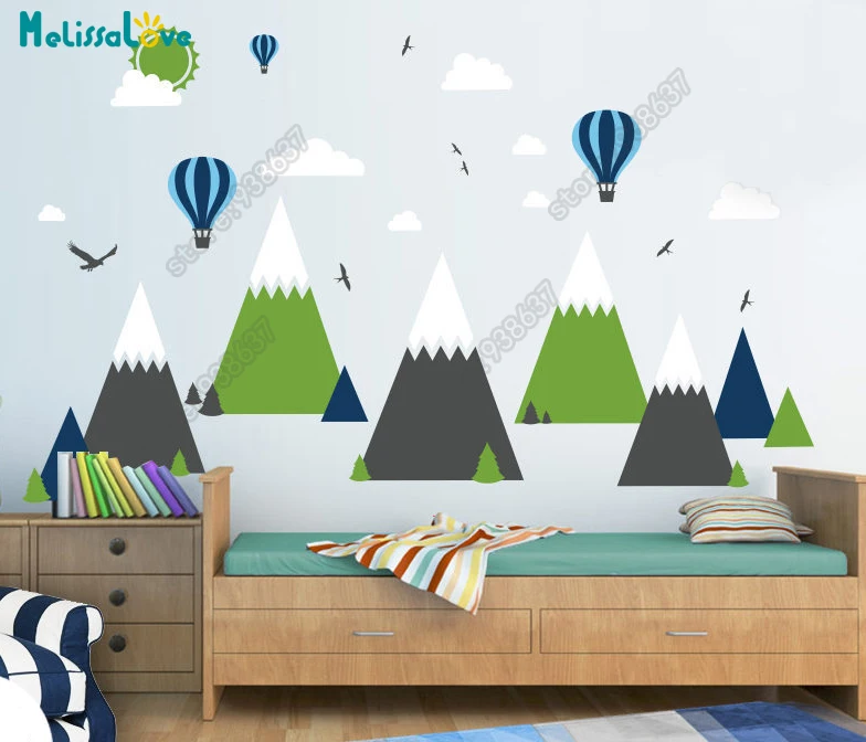 Big Baby Room Decal  Adventure Theme Decor Huge Mountain Cloud Bird Hot Balloon Kid Room Removable Vinyl Wall Sticker JW375