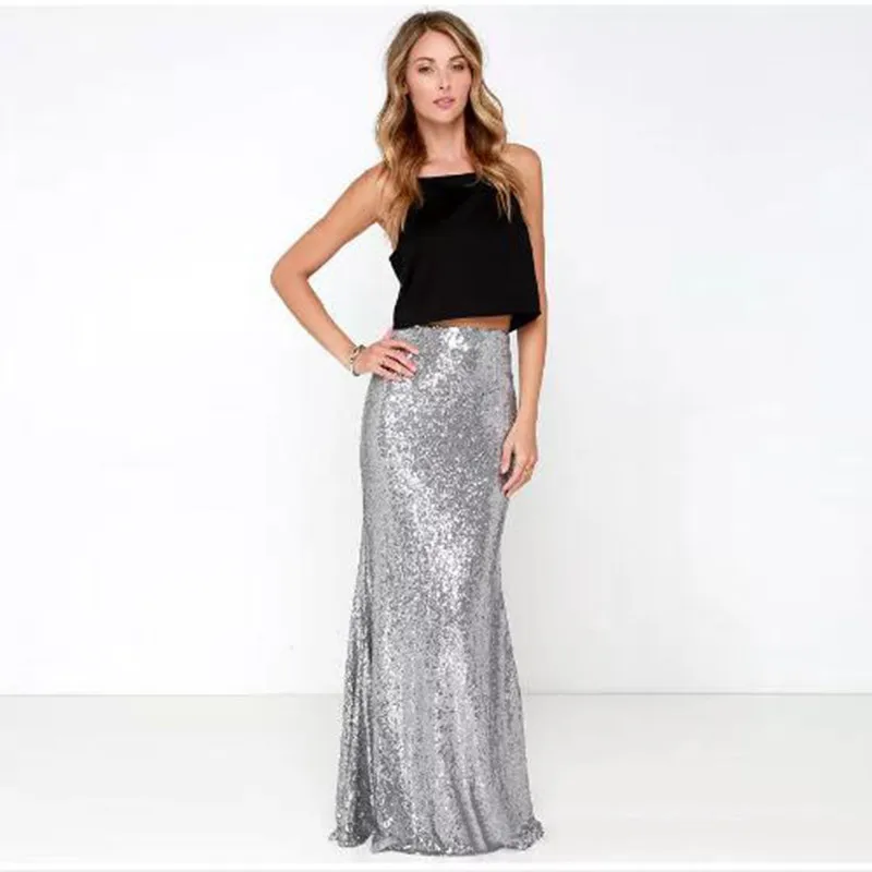 Free shipping Sparkle Shining Small Medium Large Sexy Silver Skirt Sequin Skirt Maxi Skirt Custom Fashion Style Skirts