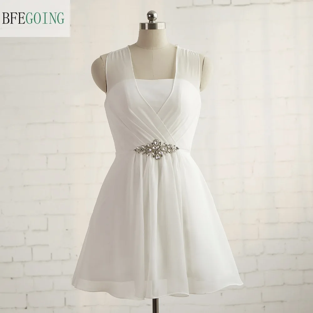 

White Chiffon Knee-Length A-line Wedding Party Bridesmaid Dress Sleeveless Crystal Real/Original Photos Custom Made