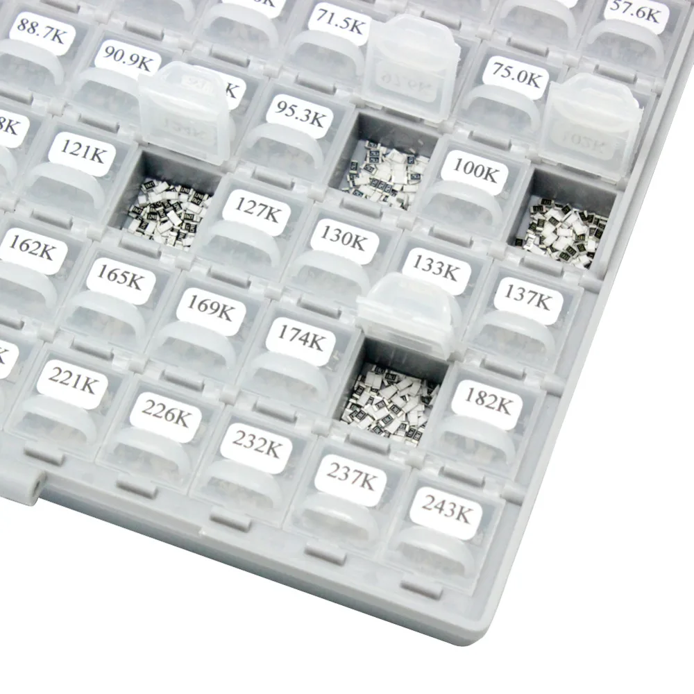 AideTek 1206 ตัวต้านทานชุดกล่อง E96 Series 1% RoHS 491 V x 100 pcs จัดจำหน่าย 4 กล่อง - พลาสติกทั้งหมด organizzation เก็บ R12E96100