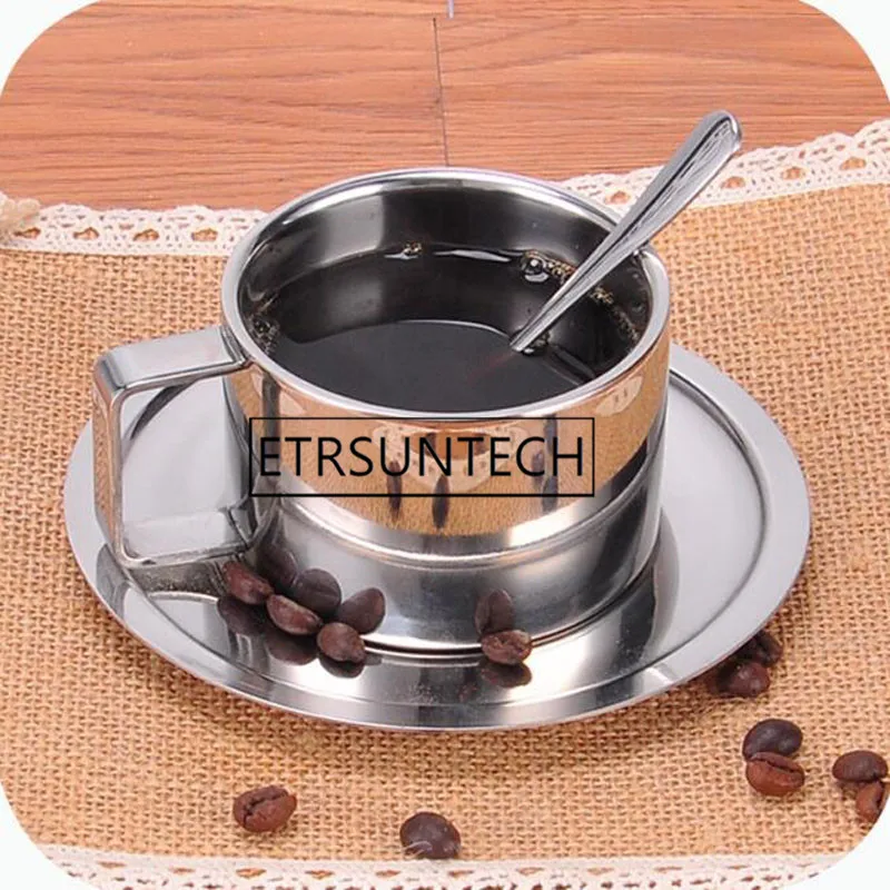 60sets Coffee Cup With Dish Household Cafe Stainless Steel Cup Suit Double Wall Mug Saucer Spoon Sets