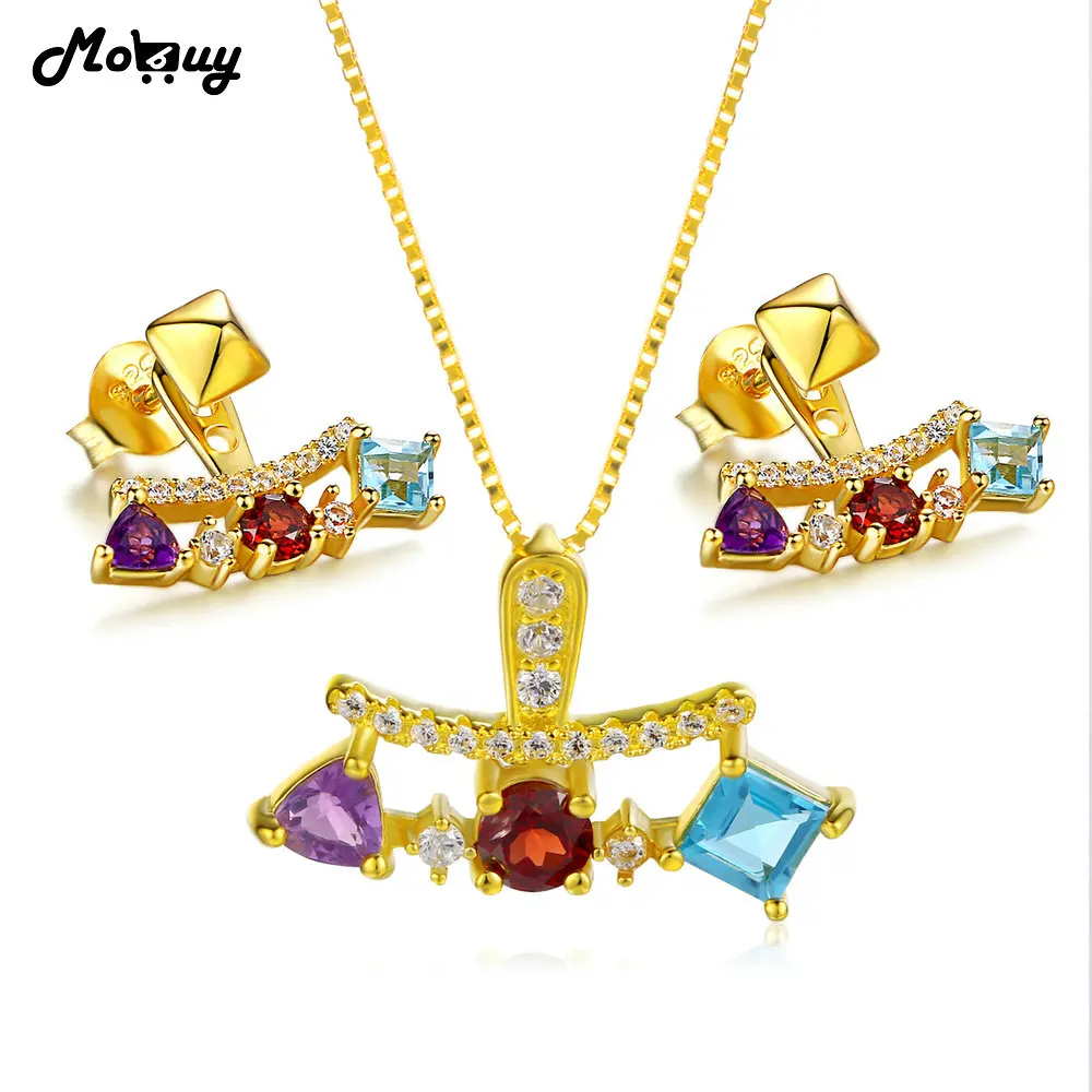 MoBuy 3Natural Gemstone 2pcs Jewelry Sets 100% 925 Sterling Silver For Women Vintage Engagement Fine Jewelry V013EN