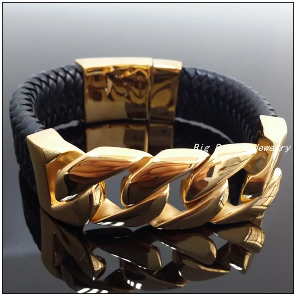 

New 9inch 24mm Gold Color 316L Stainless Steel Curb Chain Bracelet Black Genuine Leather Wristband For Men