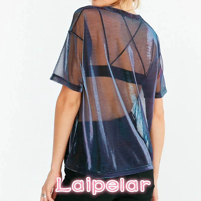 Blusa de malha sexy verão, camisas femininas transparentes, manga curta, perspectiva brilhante, tops femininos vintage