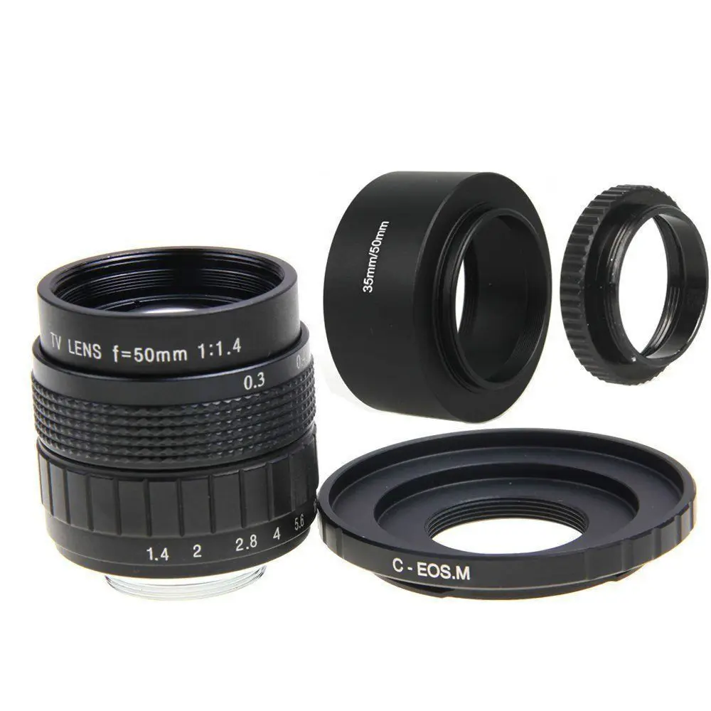 FUJIAN 50mm F1.4 CCTV Movie Lens + C Mount +Lens Hood +Macro Ring for Canon EOS M M2 M3 M5 M6 M10 M50 M100 M200