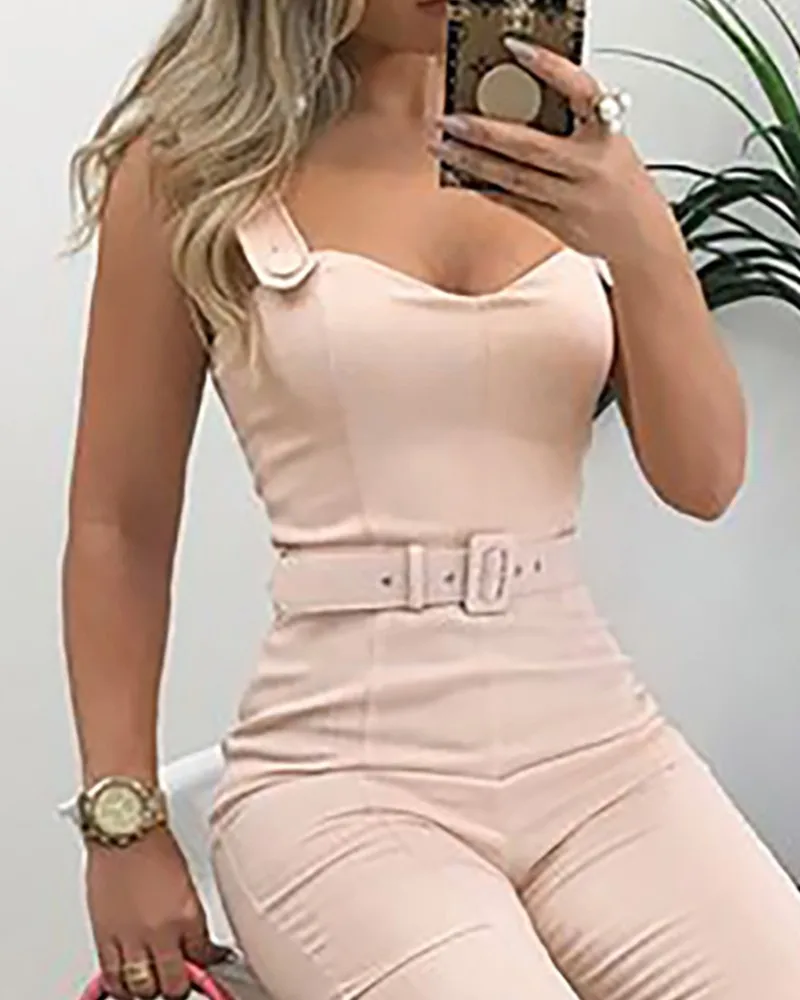 Summer Elegant Office Overalls Skinny Slim Fit V-Neck Sleeveless Casual Romper Thin Strap Button Design Jumpsuits