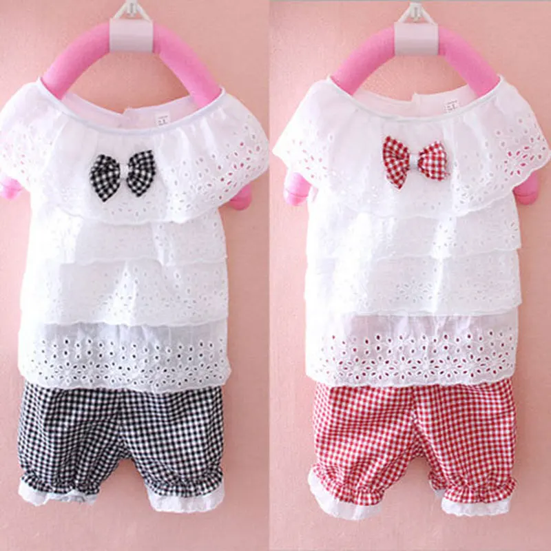 

2016 summer infant girls baby clothes outfits brand cotton plaid shorts suit 2pcs set for child baby clothing cute girls sets