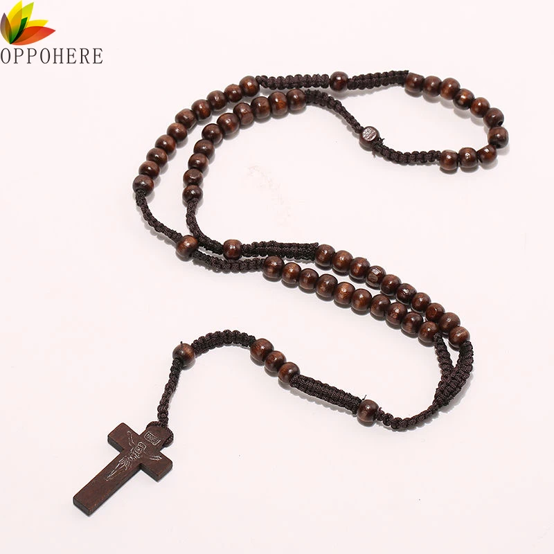 OPPOHERE Men Women Christ Wooden Beads 8mm Rosary Bead Cross Pendant Woven Rope Chain Necklace Jewelry Accessories