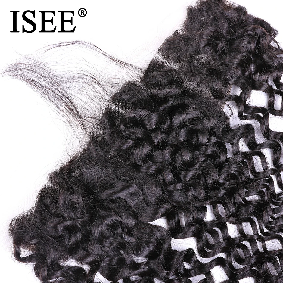 ISEE HAIR Brazilian Deep Wave Frontal Lace Closure With Baby Hair 100% Remy Human Hair Extensions 13*4 Hand Tied Hair Extension