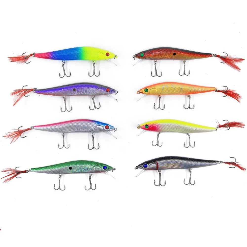 8pcs/lot Minnow Hard Lure With Feather 23g 14 cm Crankbait 3D eye Laser Skin Lure fishing Lure With Treble Hooks