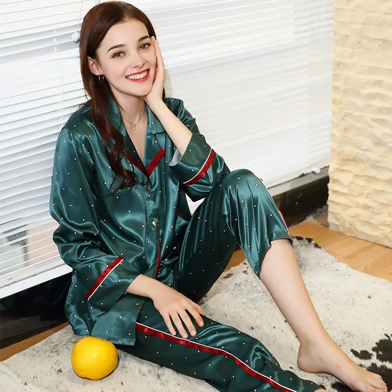 Lady's Sleepwear Long-Sleeved Suit Set New Style Ice Silk Satin Nightgown Leisure Youth All Seasons Students Home Clothes J063