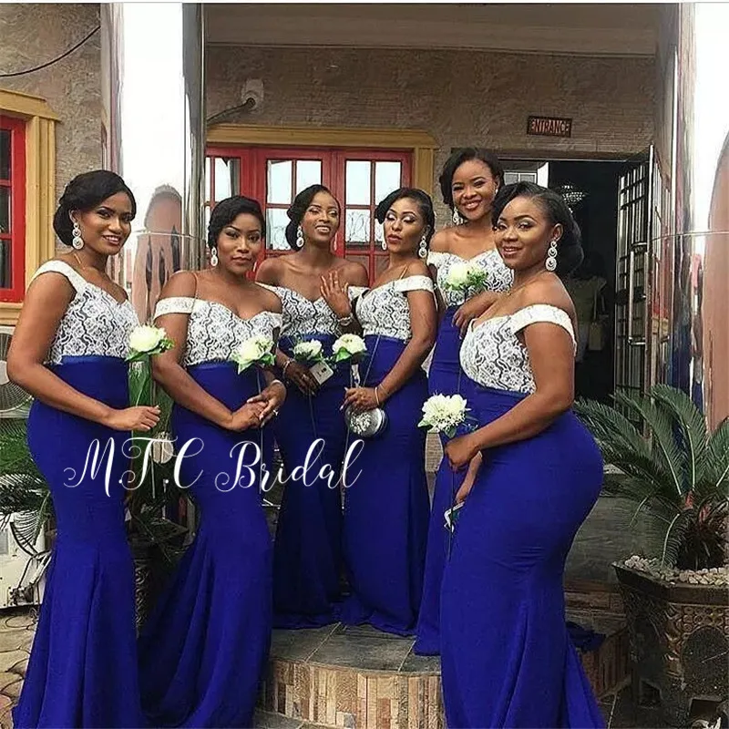 Wholesale African Bridesmaid Dresses 2019 Mermaid Royal Blue Elastic Satin White Lace Top Long Wedding Party Dress Cheap