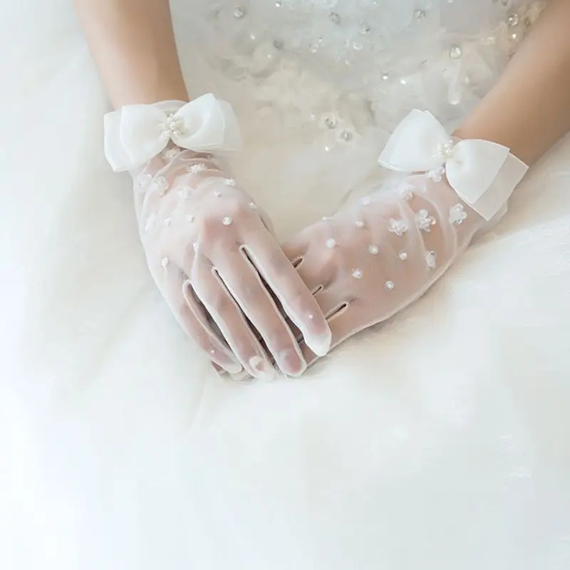 Simple Short Spring Summer Mesh Thin Section Gloves Artificial Pearl Bow New Wedding Dress Bride Glove