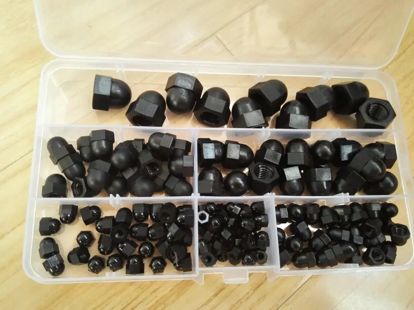 

140pcs/lot M3/4/5/6/8/10 plastic nylon black acorn protection dome head hex cover nuts box decorate cap nuts assortment kits71