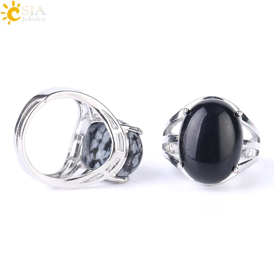 CSJA Egg Shape Natural Stone Rings for Women Adjustable Opening Silver Color Anniversary Party Finger Ring Oval Reiki Beads F550