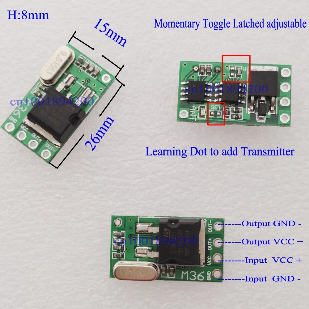 DC 6V 7.4V 9V 12V 14V 16V 18V 24V 28V 36V Micro Power Remote Switch Wide Voltage RF Receiver +Transmitter Factory Sell Wholesale