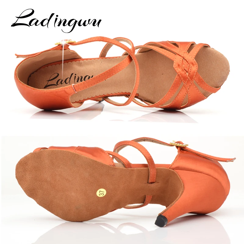 Ladingwu Red-brown satin Salsa Dance Shoes Latin Women Dancce Sandals Indoor Soft Bottom Ballroom Dancing Shoes Rhinestone buckl