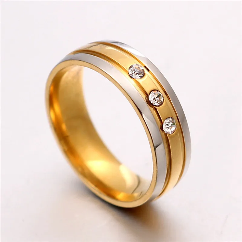 MANGOPIE Famous Brand 316L Stainless Steel Rings for Women Gold Plated Trajectory With Three CZ Diamond 6mm