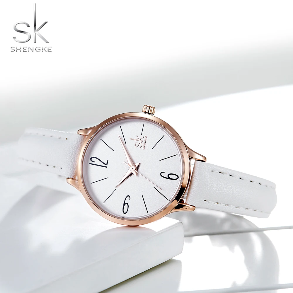 Shengke Fashion Female\'s Watches White Leather Girl Wristwatches Simple Women Quartz Clock Comfortable Buckle Round Case Hour